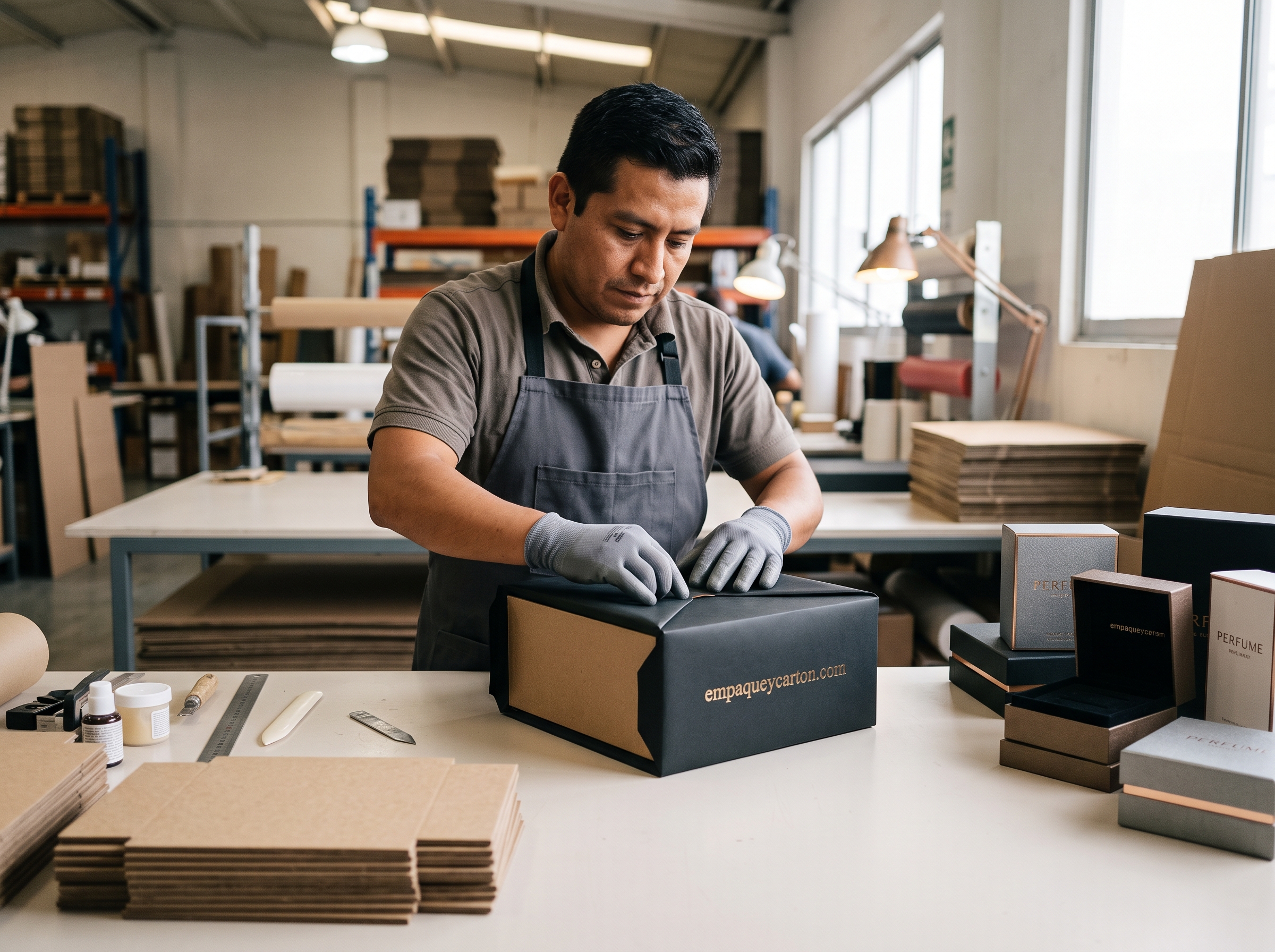 Artesano armando caja rígida de lujo con cartón comprimido de 2mm como base estructural, con marca empaqueycarton.com visible, para empaque premium y perfumes.