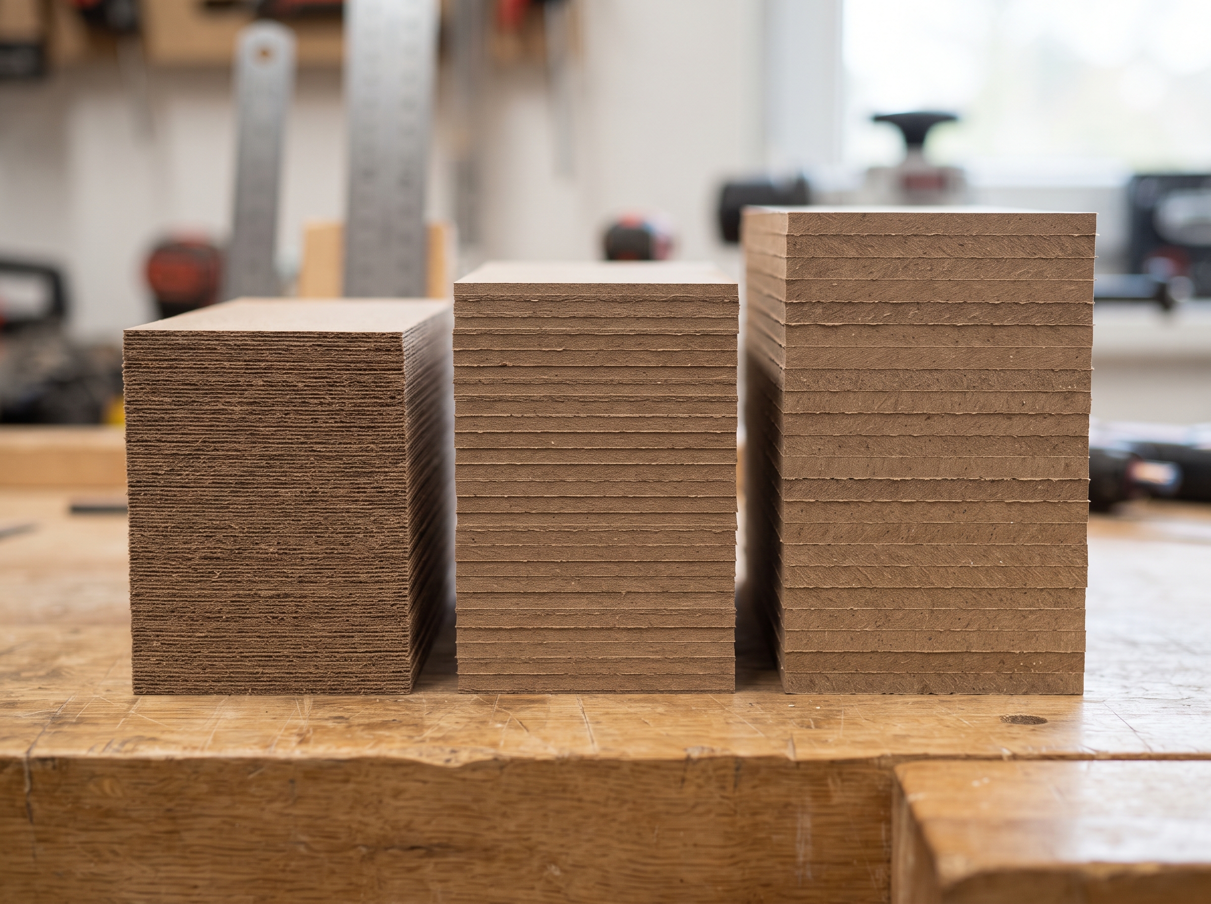 Comparativa de grosores de cartón comprimido industrial: láminas de 1.5mm, 2mm y 3mm para cajas de lujo, separadores y encuadernación.